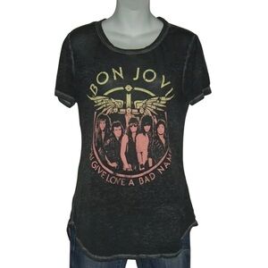 Bon Jovi Tee Shirt You Give Love A Bad Name Distressed Burn Out Gray Retro 80's